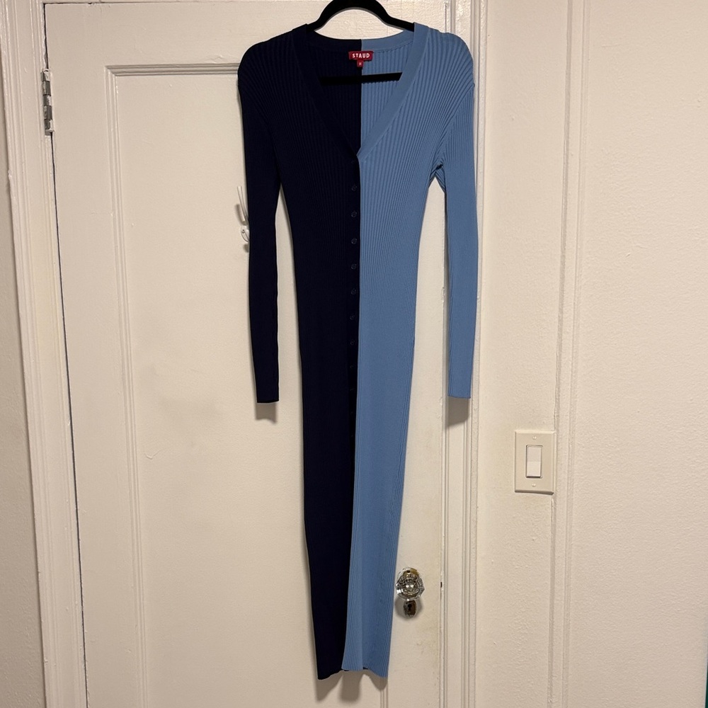 STAUD shoko cardigan sweater split color dress blue